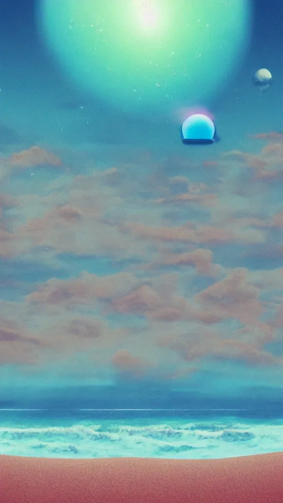 Image similar to beach horizon view of the ocean on an alien planet, vaporwave ocean, planet in space over the horizon, trending on artstation, digital art by beeple