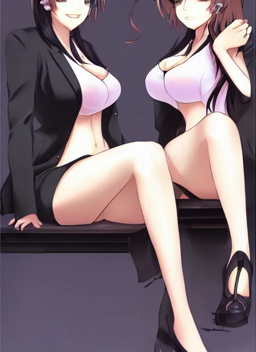 Prompt: two beautiful secretaries in the office, gorgeous faces, thick lines, cinematic lighting, detailed anime art