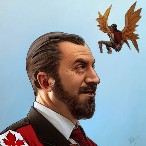 Prompt: [RiffRaff as the president of Canada as a GTA character, propaganda, closeup, D&D, intricate, elegant, highly detailed, digital painting, artstation, concept art, matte, sharp focus, illustration, art by Artgerm and Greg Rutkowski and Alphonse Mucha]