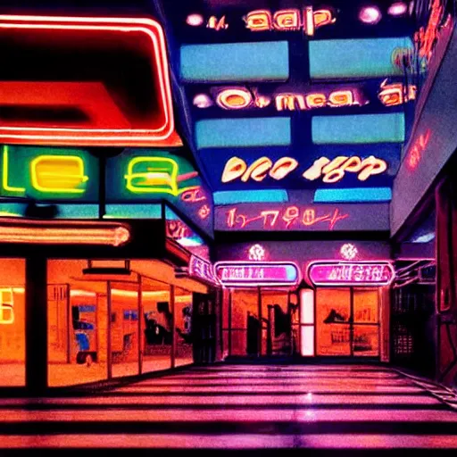 Prompt: an old shopping mall from the 1 9 8 0 s, neon lights, by satoshi kon