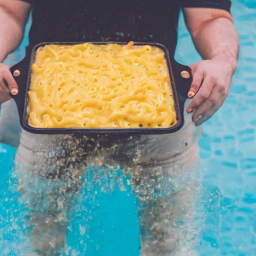 Prompt: a man drowning in a giant pool of mac n' cheese. photograph. medium format.
