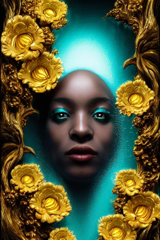 Image similar to hyperrealistic neo - rococo cinematic very expressive! black oshun goddess, open eyes, body in water, mirror dripping droplet!, gold flowers, highly detailed face, digital art masterpiece, smooth eric zener cam de leon dramatic pearlescent teal light, ground angle uhd 8 k, sharp focus