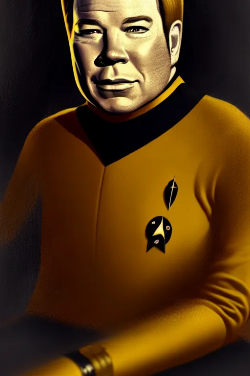 Prompt: a portrait of young william shatner as captain kirk sitting in the captains chair, dark, gothic, sci - fi, portrait, figurativism, muted colors, digital painting in the style of bastien lecouffe - deharme, trending on artstation, detailed