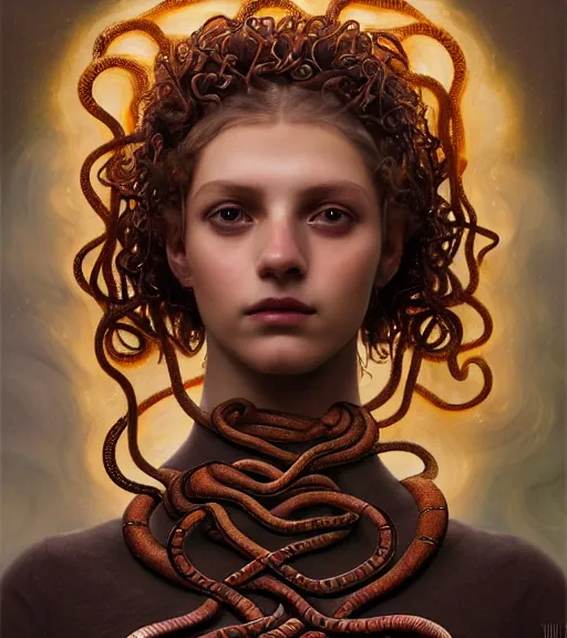 Image similar to portrait of alopecia spanish teen medusa, snakes grow from her head, wearing an embroidered rusty tunic, dark background, intricate, elegant, copper and emerald jewelry, glowing lights, highly detailed, digital painting, artstation, concept art, smooth, sharp focus, illustration, art by wlop, mucha, artgerm, and greg rutkowski