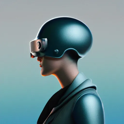 Image similar to a woman wearing a black scarf and a blue helmet, a raytraced image by mike winkelmann, featured on cgsociety, retrofuturism, vray tracing, ray tracing, daz 3 d, chrome reflections, triadic chrome shading