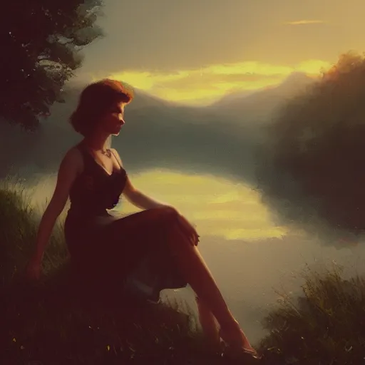 Image similar to a closeup portrait of a young vivian leigh, lake background, gorgeous view, sunset, film noir, serene, depth, by greg rutkowski, digital art, trending on artstation