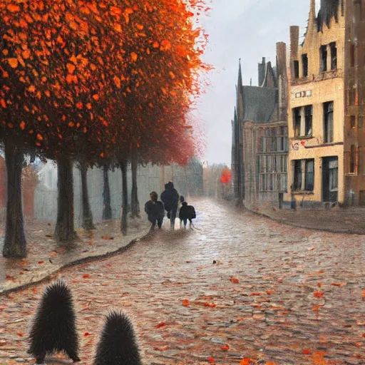 Image similar to 2 hedgehogs walking across the street in Bruges, Belgium, in the style of Greg Rutkowski, autumn, evening, romantic