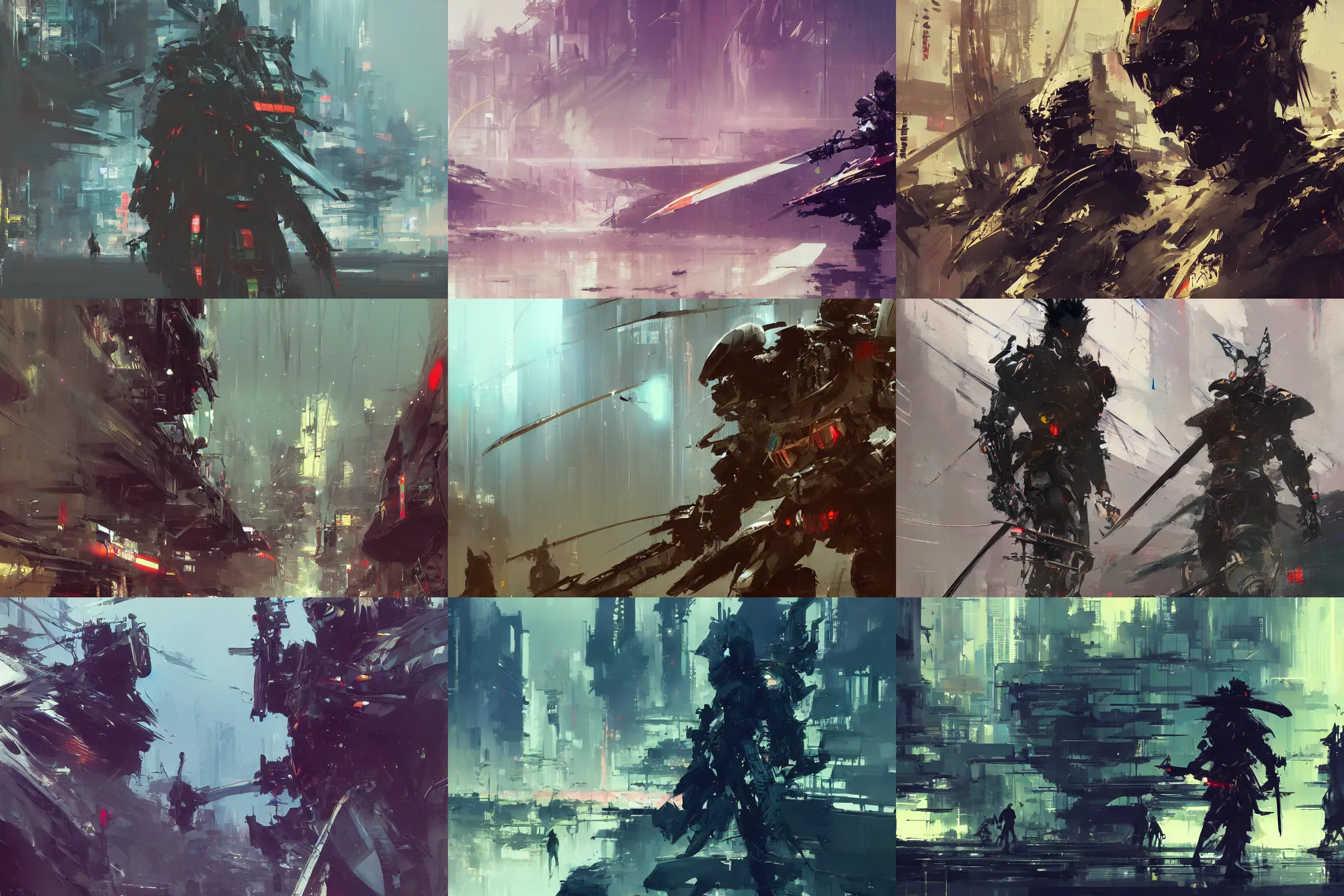 Prompt: samurai concept art, john berkey, beeple, wlop, makoto shinkai, yoji shinkawa, wadim kashin, artstation, 4k