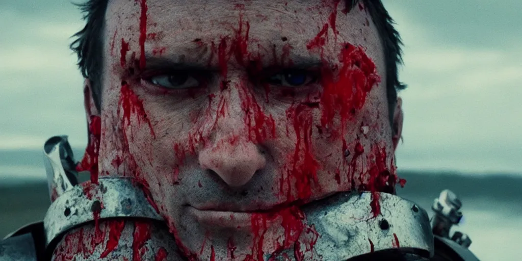 Prompt: film still of closeup a knight with a bloody heart in his hand by emmanuel lubezki