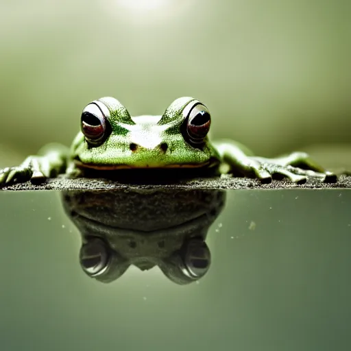 Prompt: A big frog that looks straight at the camera. The frog sits on top of a backlit glass sphere. Monochrome, high contrast, 24mm tilt-shift
