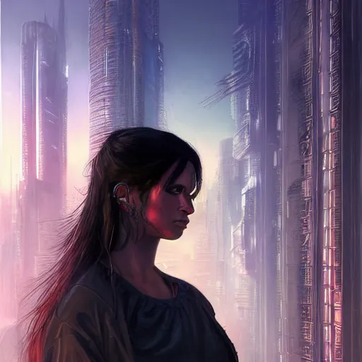 Image similar to portrait of a young beautiful cyberpunk woman, eye implants, black hair, sunset, neuromancer, cyberpunk city background, megacity, gorgeous view, depth, painted by seb mckinnon, high detail, digital art, painted by greg rutkowski, trending on artstation