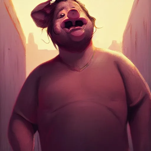 Image similar to portrait of a half fatman half pig eating kebab with long hair tied in a ponytail, light stubble with red shirt ,digital art,photorealistoc,art by greg rutkowski,hyperdetailed,western comic style,comic,comic style,sharp lineart,professional lighting,deviantart,artstation,trevor henderson,rossdtaws,cinematic,dramatic