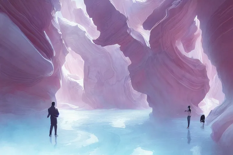 Prompt: Celestial majestic luxurios futuristic other worldly realm with Singaporean royal gold lush volcano, set on Antelope Canyon with white thermal waters flowing down pink travertine terraces, relaxing, ethereal and dreamy, visually stunning, from Star Trek 2021, illustration, by WLOP and Ruan Jia and Mandy Jurgens and William-Adolphe Bouguereau, Artgerm