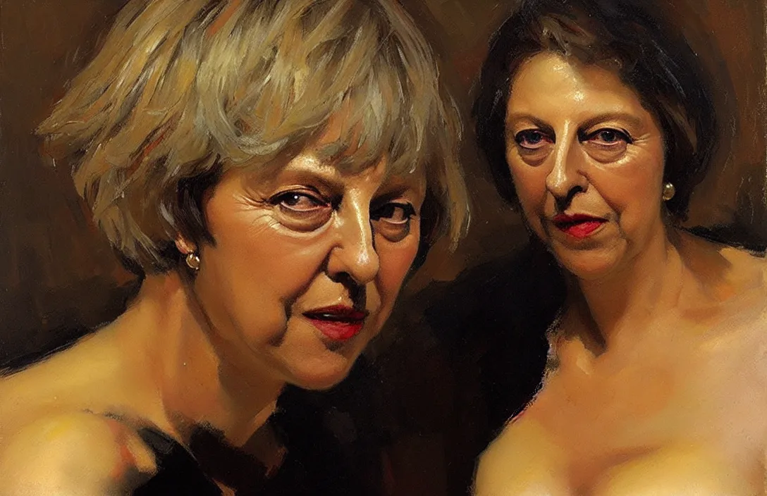 Image similar to portrait of theresa may!!!!!!!!!!!!!!!!!!!!!!!!!!!, detailed face, detailed painting, epic lighting, by ilya repin, phil hale and kent williams