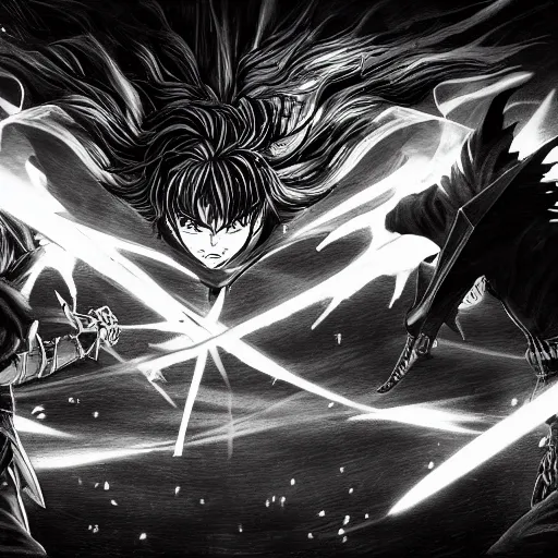 Image similar to duel of knights in the style of kentaro miura, 4 k, 8 k, absolute detailing of even the smallest details and particles, beautiful shadows, beautiful art, black and white drawing