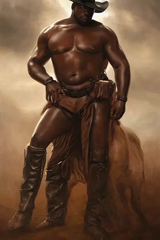 Prompt: a beautiful dramatic epic painting of a handsome! thick shirtless black man. he is wearing a leather harness and cowboy hat. prairie setting, dust clouds. homoerotic, highly detailed, dramatic lighting, detailed face. by Mark Maggiori, by William Herbert Dunton, by Charles Marion Russell. trending on artstation