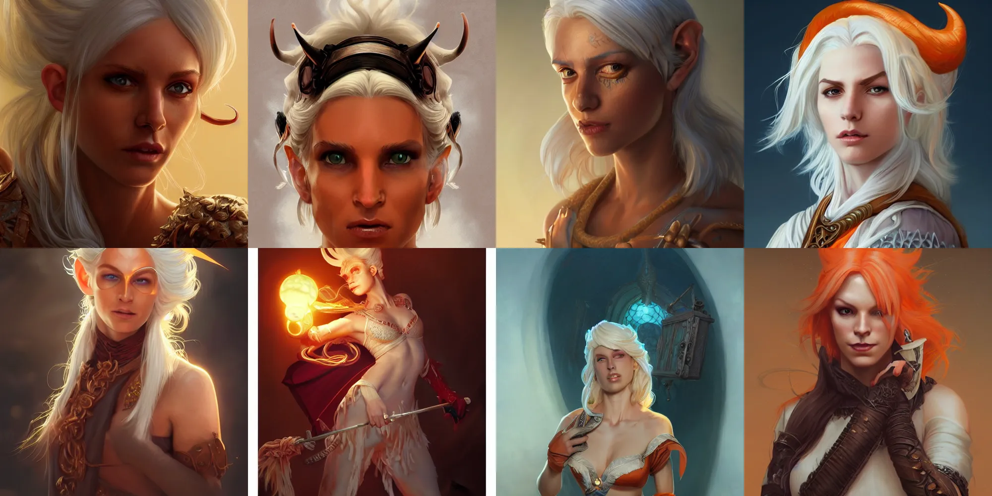 Prompt: portrait of a charming orange-skinned futch Tiefling bard with white hair, upper body, D&D, fantasy, intricate, cinematic lighting, highly detailed, digital painting, artstation, concept art, smooth, sharp focus, 8k, illustration, art by Artgerm and Greg Rutkowski and Alphonse Mucha