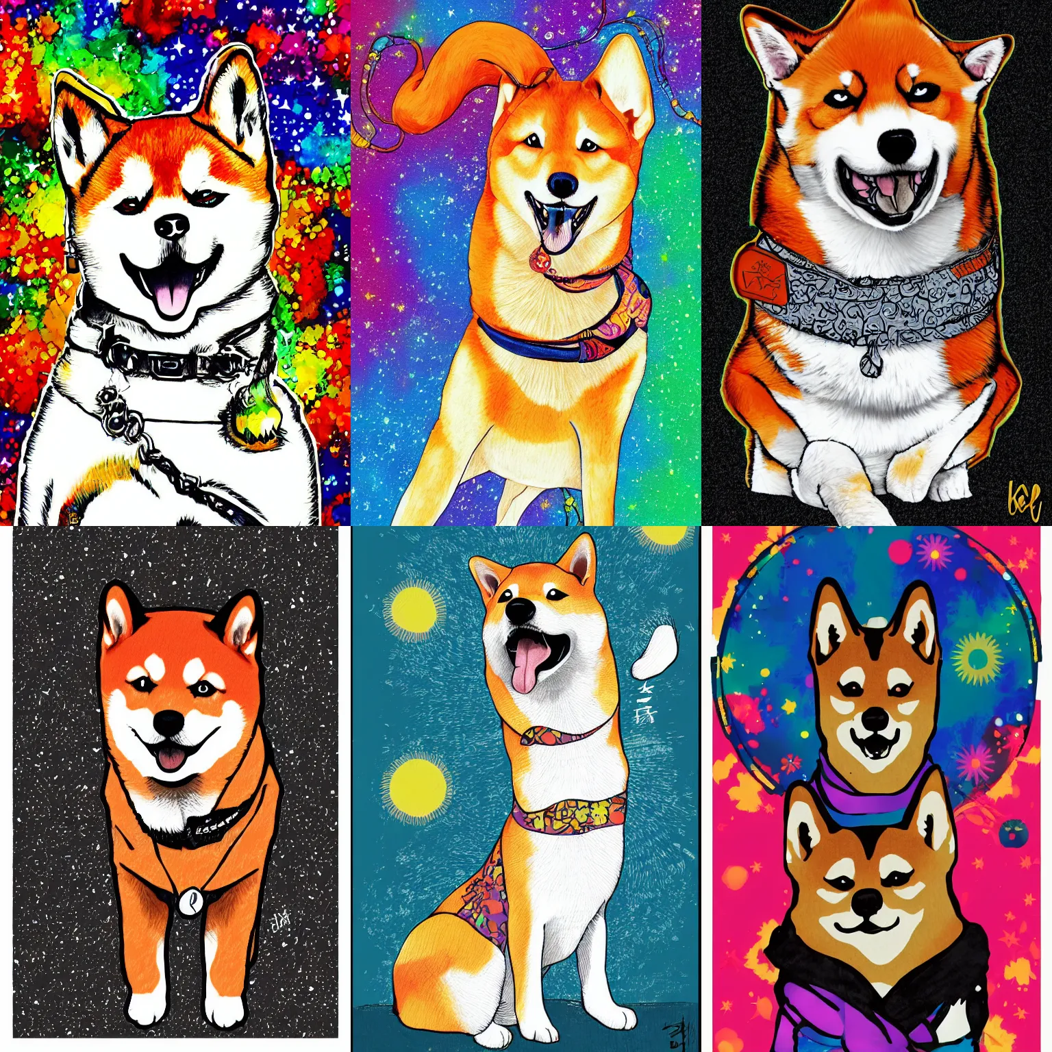 Prompt: Shiba Inu illustration , Derp, in the style of a jimmy hendrix poster