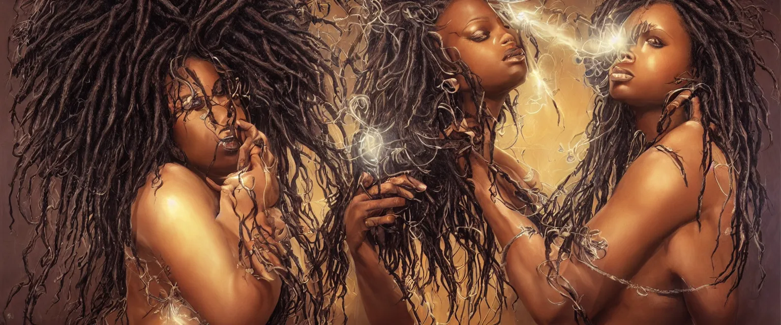 Prompt: a highly detailed symmetrical full body painting of a dark skinned beautiful black woman blow drying dreadlocks in 1 9 8 0's setting, dynamic lighting, ambient lighting, deviantart, art by artgerm and karol bak and mark brooks h