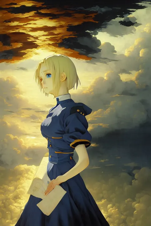 Image similar to baroque oil painting, anime key visual environment concept art, full body portrait anime maid nazi ss commander, blonde hair blue eyes, brutalist dark fantasy, trending pixiv fanbox, rule of thirds golden ratio, detail acrylic palette knife, illustrated by hayao miyazaki makoto shinkai jamie wyeth greg rutkowski chiho aoshima