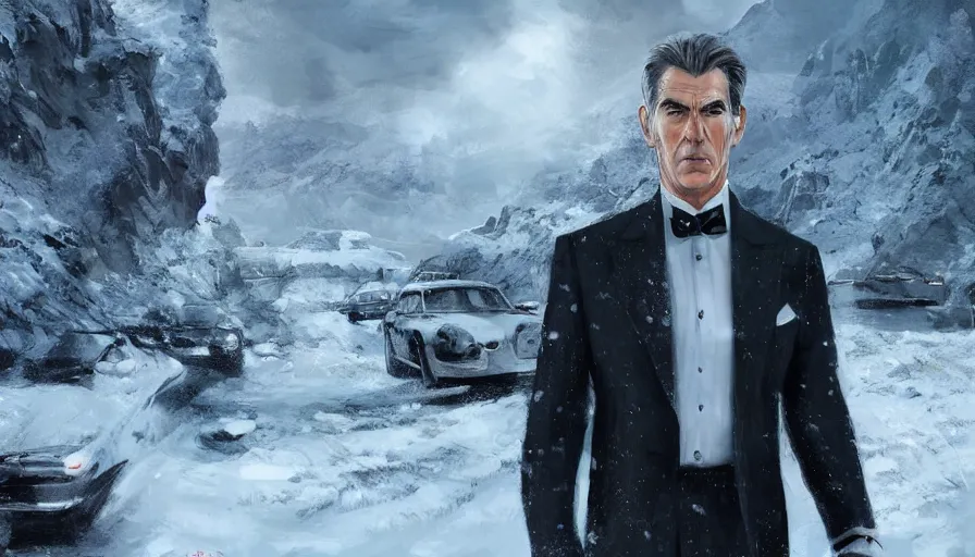 Prompt: concept art of the next james bond film featuring an older pierce brosnan in the style of cedric peyravernay, snowy landscapes, extremely detailed