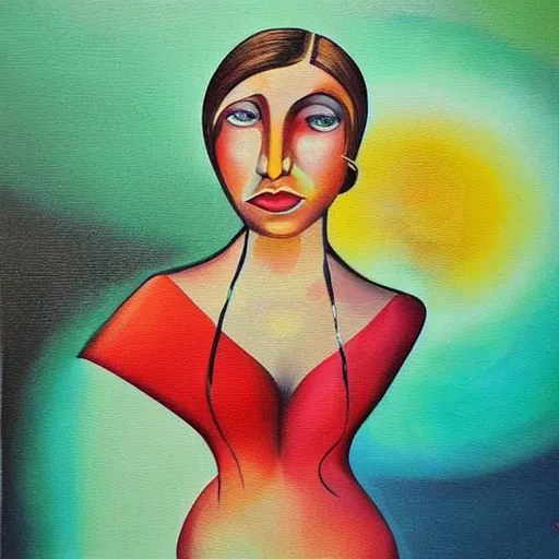 Image similar to the surreal flat painting of an image of a lady artistic by yasemin karabenli