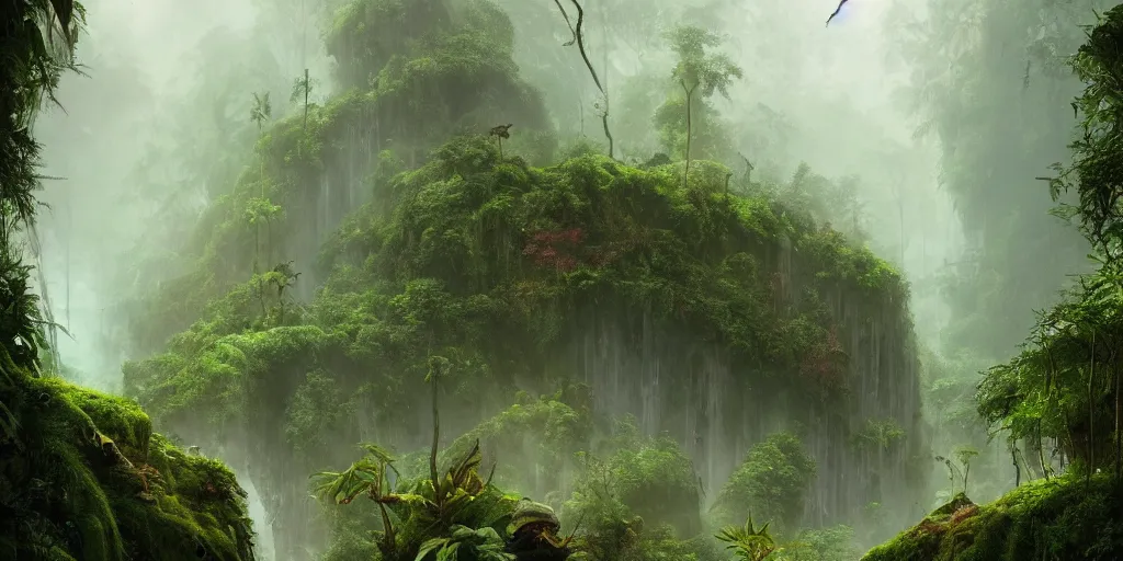 Prompt: a beautiful matte painting of a jungle location filled with green foliage and misty undergrowth, inhabited by various types of animal life and magical plants, by Christophe Vacher and Bastien Lecouffe-Deharme, trending on artstation, vivid color scheme,wide angle,highly detailed,v-ray render,photorealistic,4k render