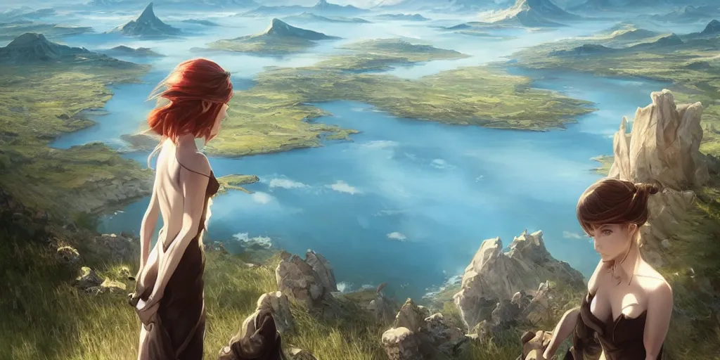 Prompt: fantasy world, in the middle is a huge lake with a little plain around it, behind it are mountains and rivers, art by artgerm and greg rutkowski, ilya kuvshinov, yoji shinkawa, intricate, elegant, sharp focus, illustration, highly detailed, concept art, matte, trending on artstation, anime, beautiful sunlight and shadows