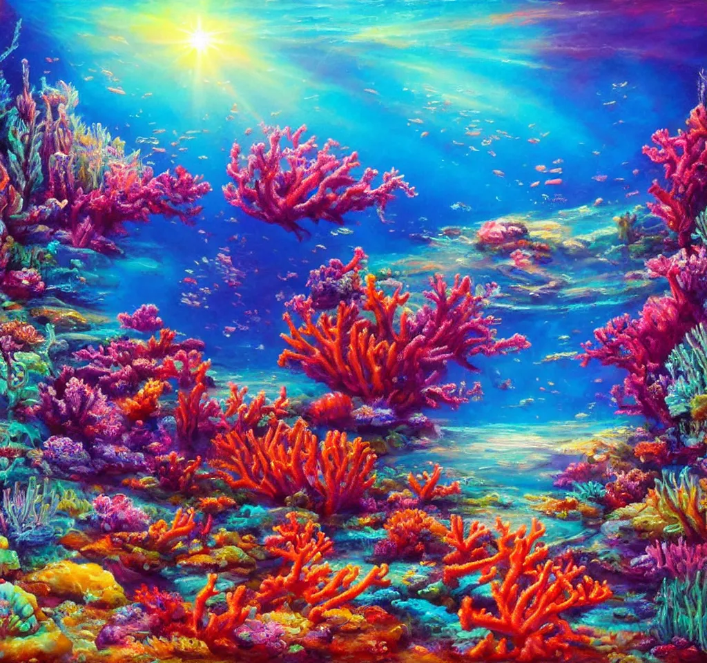 Image similar to underwater neon coral reef landscape magical realism painting with sun rays coming from above, neon pastel colors