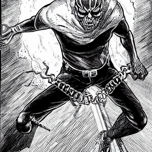 Image similar to Nikolas Cage as a Ghost Rider by Kentaro Miura, highly detailed, black and white