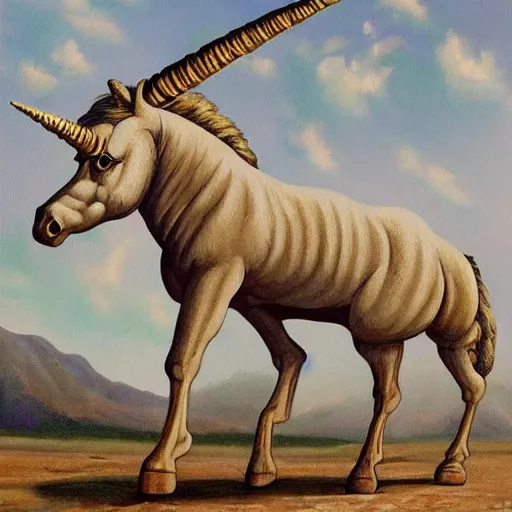 Image similar to painting of one of the worst fossil reconstructions in human history a really long unicorn horn realism painting