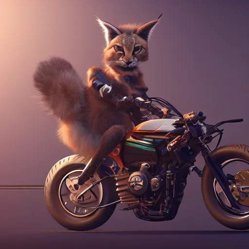 Image similar to cute fluffy caracal riding a motorcycle, hyper detailed, digital art, trending in artstation, cinematic lighting, studio quality, smooth render, unreal engine 5 rendered, octane rendered