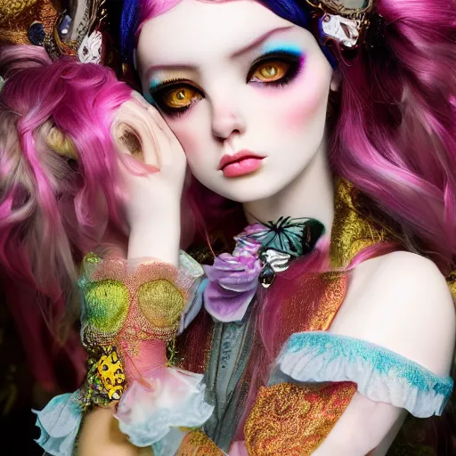 Image similar to Ethereal, mysterious stunning maximalist mesmerizing girl from the rainbow sky paradise, high-tech, professional high fashion model photo shoot for Victorian gothic lolita fashion, hyperdetailed by Mark Ryden and artgerm and Hiroyuki-Mitsume Takahashi, close-up 35mm macro shot, hyperrealism, 8k resolution 3D, cinematic, dynamic lighting, octane render, unreal engine 5