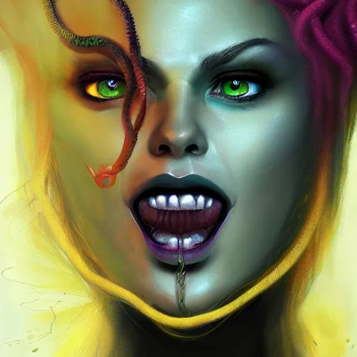 Image similar to medusa portrait painting, vibrtant, colorful, wicked grin, yellow cat eyes, artstation, detailed, blurred background