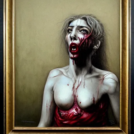 Prompt: a hyperrealistic portrait painting of a beautiful female vampire, blood dripping from her mouth, standing in the moonlight, by santiago caruso, highly detailed,