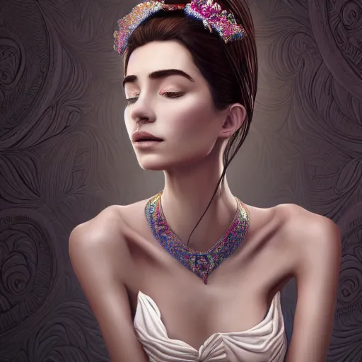 Image similar to the portrait of a ridiculously beautiful and elegant woman with a very large nose, a truly gigantic nose, an ultrafine detailed illustration, intricate linework, bright colors, behance contest winner, vanitas, angular, altermodern, unreal engine 5 highly rendered, global illumination, radiant light, detailed and intricate environment