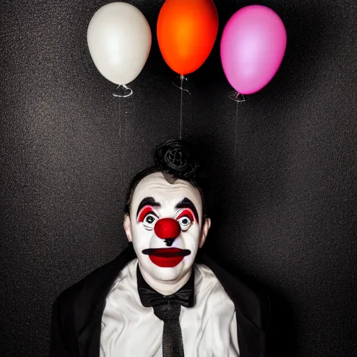 Image similar to a vintage studio portrait of a sad clown with balloons behind him, black background, chiaroscuro lighting, close up portrait, shallow depth of field, 8 0 mm, f 1. 8