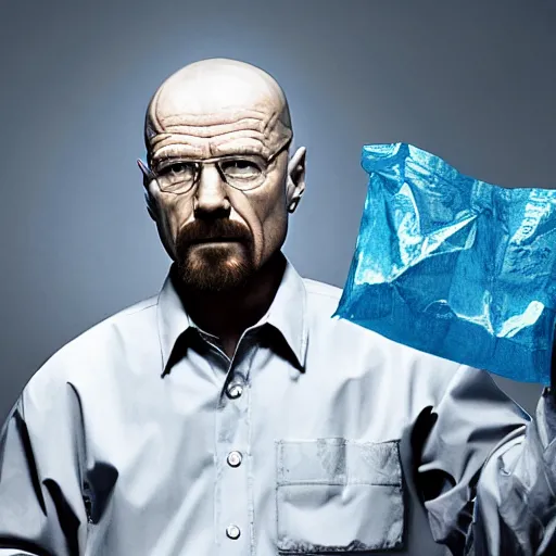 Prompt: walter white holding a ziplock full of blue meth at a favela, photo, 4k, photorealistic, hd