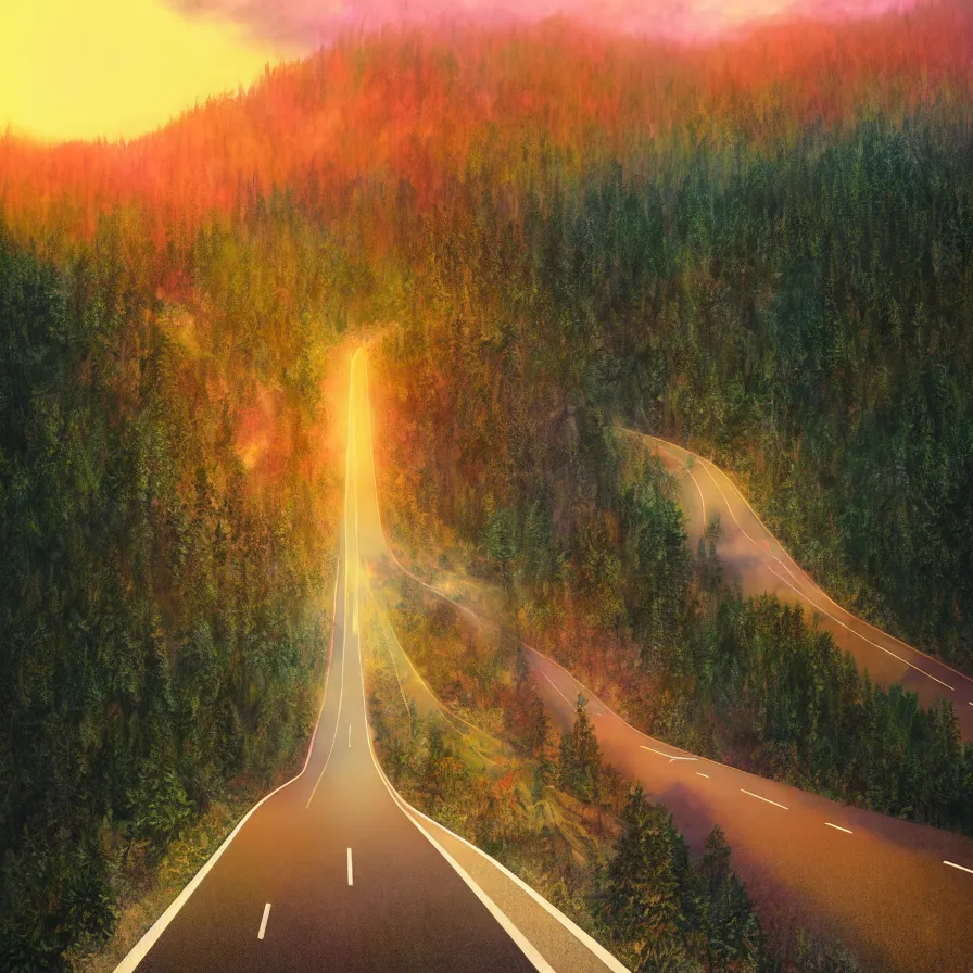 Prompt: surrealist semiabstract rendition of an epic highway road going down to the horizon through a thick pine forests and rocky mountain coasts plunging into an immense sunset. bird view, atmospheric foggy landscape, psychedelic, ultra realistic, modern art, photorealistic, octane render, by nori inoguchi and sam kaplan and zachary goulko and christopher marley