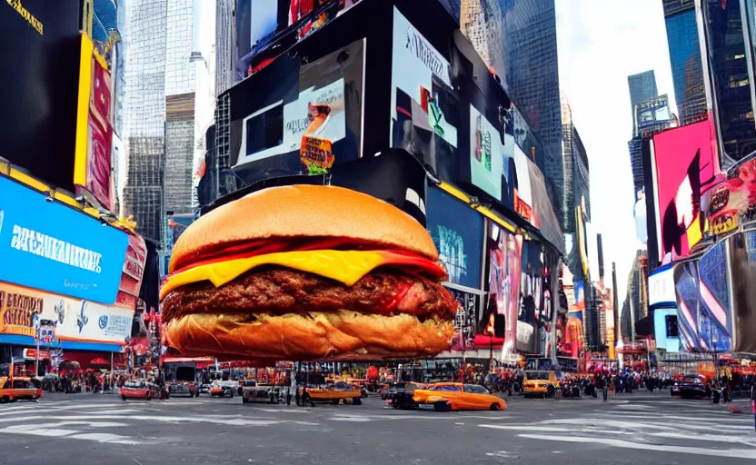 Prompt: a photo of a giant hamburger in the middle of the street in times square,