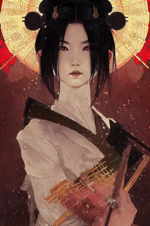 Image similar to portrait black hair samurai warrior girl, in ruin fire rainy honnoji temple night, ssci - fi and fantasy, intricate and very very beautiful and elegant, highly detailed, digital painting, artstation, concept art, smooth and sharp focus, illustration, art by tian zi and wlop and alphonse mucha