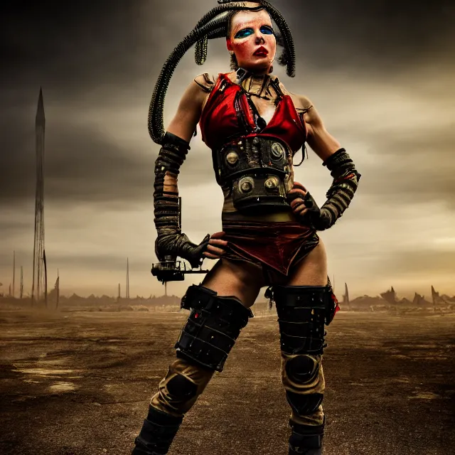 Image similar to full length photo of a very beautiful female atompunk warrior, 8 k, hdr, smooth, sharp focus, high resolution, award - winning photo