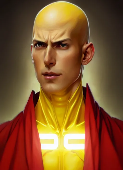 Prompt: ultra realistic illustration, handsome saitama. yellow and red cape, intricate, elegant, highly detailed, digital painting, artstation, concept art, smooth, sharp focus, illustration, art by artgerm and greg rutkowski and alphonse mucha and wlop