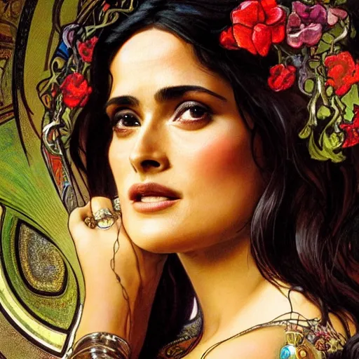 Image similar to salma hayek portrait by alfons mucha, playful, fantasy, medieval, beautiful face, perfect detailed eyes, vivid colrs, elegant, concept art, sharp focus, digital art, hyper - realistic, 4 k, unreal engine, highly detailed, hd, dramatic lighting by brom, trending on artstation, holy halo