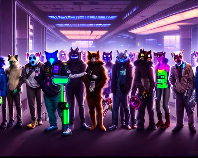 Image similar to high - resolution photograph from a cyberpunk era furry fandom convention ( midwest furfest 2 0 4 7 ), taking place after the genetic revolution and singularity. photorealistic.