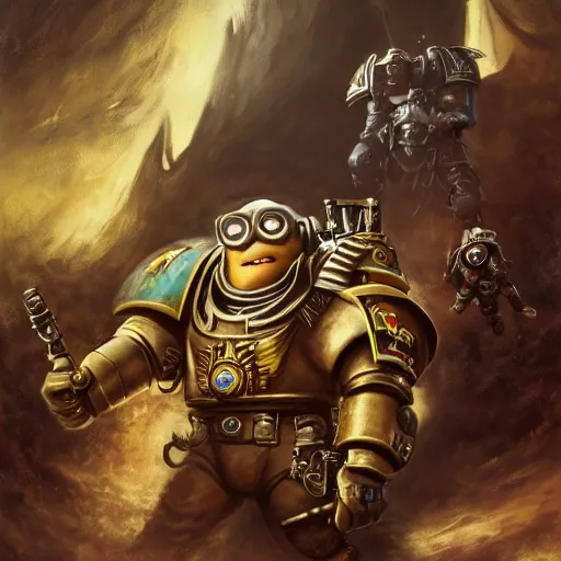 Prompt: an epic painting of minion, space marine, adeptus astartes, warhammer 4 0 k, battle, space, oil on canvas, perfect composition, golden ratio, beautiful detailed, photorealistic, digital painting, concept art, smooth, sharp focus, illustration, artstation trending, octane render, unreal engine