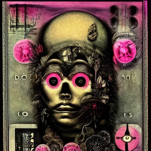 Image similar to post - punk new age album cover, asymmetrical design, frame of a dollar bank notes, capitalism, magic, apocalypse, psychedelic, black white pink, magic, giger h. r., giuseppe arcimboldo