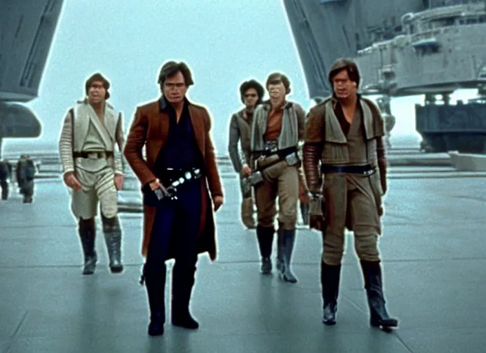 Prompt: screenshot of Han Solo dressed up as an imperial, iconic scene from 1970s spy thriller film directed by Stanley Kubrick, in a sci-fi shipping port, last jedi, 4k HD, cinematic lighting, beautiful portraits of Harrison Ford, moody, stunning cinematography, anamorphic lenses, kodak color film stock