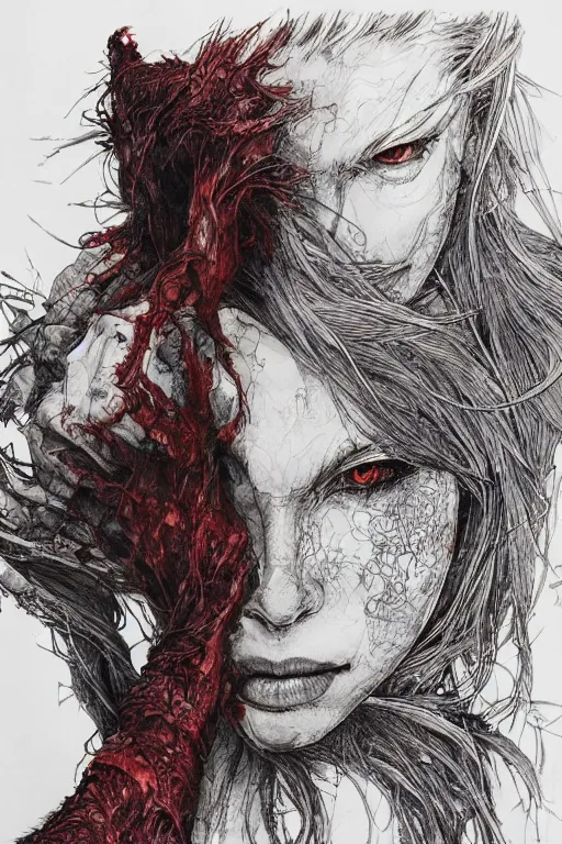Image similar to portrait of a beautiful woman transforming into a terrible werewolf, torn red clothes, pen and ink, intricate line drawings, by Yoshitaka Amano, Ruan Jia, Kentaro Miura, Artgerm, watercolor