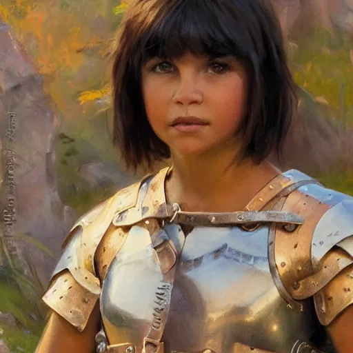 Image similar to close up of dora the explorer wearing leather armor, cinematographic shot, by daniel f. gerhartz